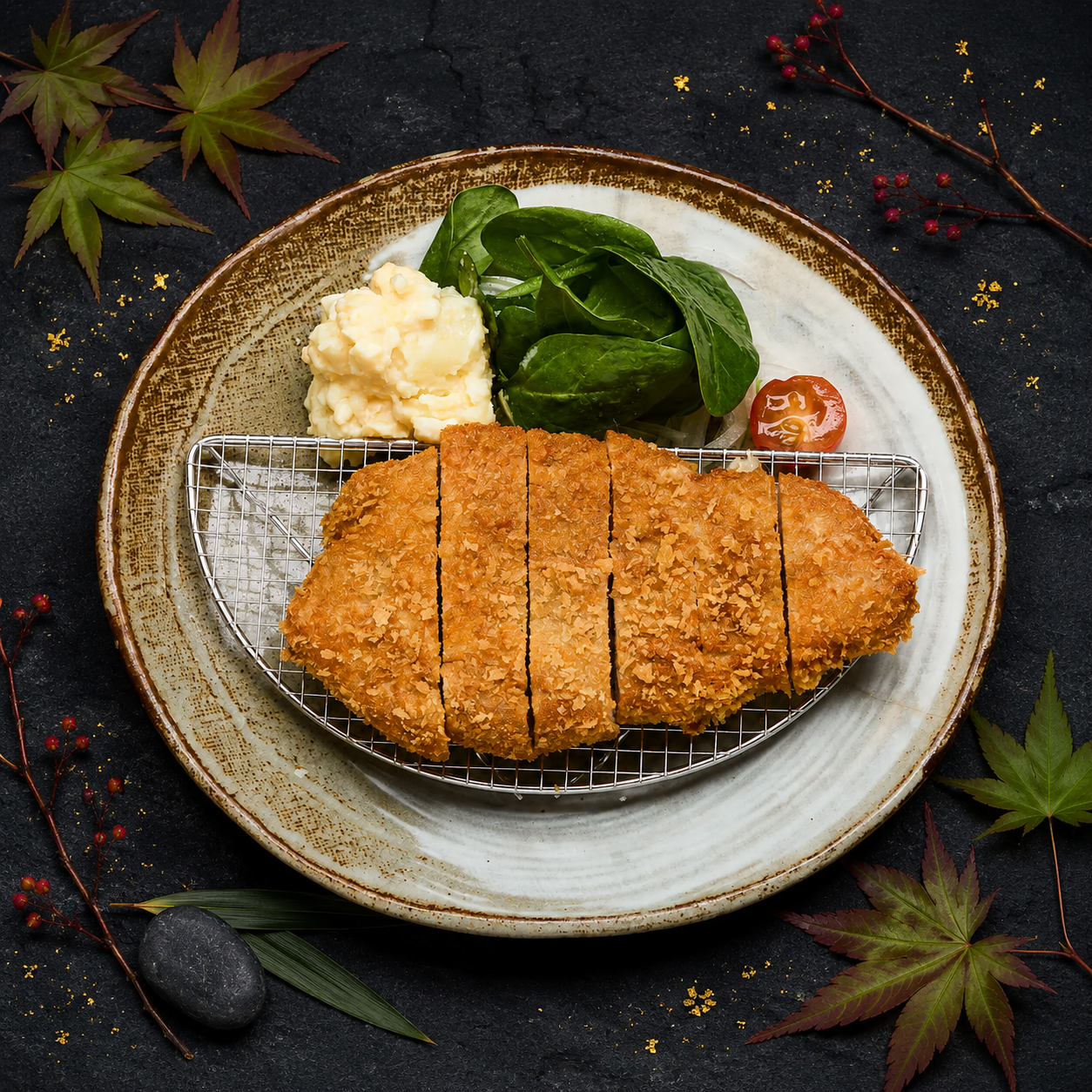 Tonkatsu – paniertes Schnitzel mit Kartoffelsalat und Spinat
