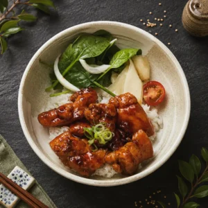 Teriyaki Don — gegrilltes Hähnchen in Teriyaki-Glasur auf Reis mit Spinat