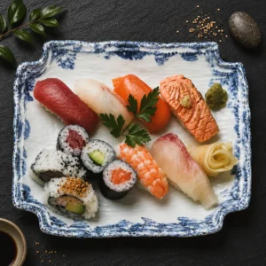 Nigiri Sushi Set — sechs Nigiri und Maki-Rollen auf weißer Platte