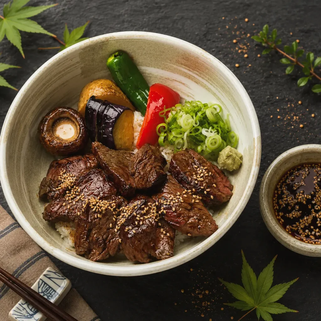 Yakiniku Don — gegrilltes Entrecôte mit Gemüse auf Reis