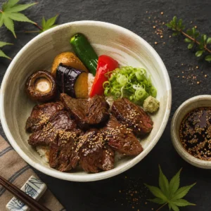 Yakiniku Don — gegrilltes Entrecôte mit Gemüse auf Reis