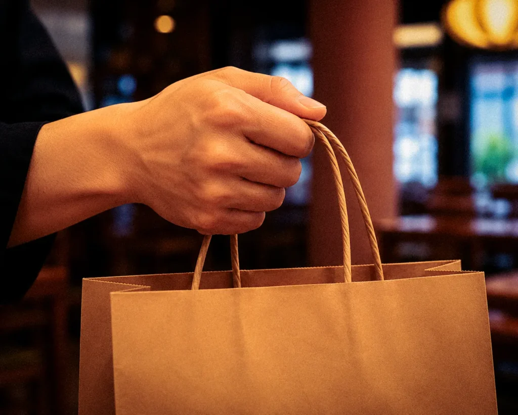 Take-away-Tüte von Iroha wird überreicht